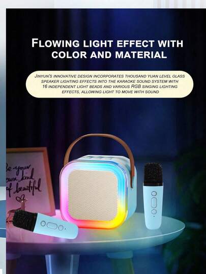 双麦克风迷你便携式蓝牙音箱，内置麦克风，适合家庭KTV，无线蓝牙户外便携式音箱，多种灯光效果，可用于听歌和唱歌，800mAh大容量电池