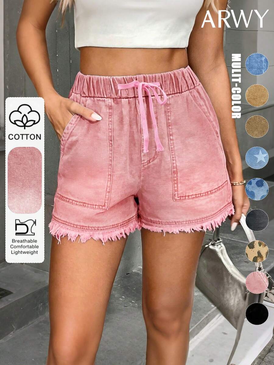 ARWY Solid Color Casual Loose Drawstring Women Denim Shorts, Suitable For Daily, Vacation, Beach, Travel, All Seasons, Back To School, Easter, Halloween, Christmas Summer - Baby Pink - View 1