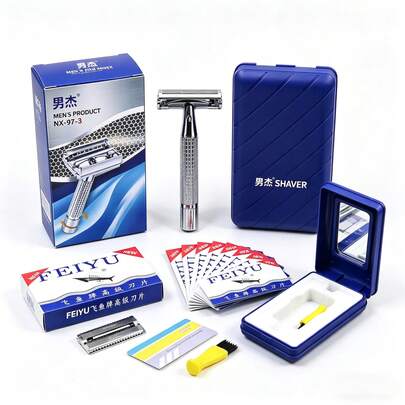 Bộ 4 món: Dao cạo + 10 lưỡi dao, dao cạo hai mặt bằng kim loại có thể rửa sạch và tái sử dụng dành cho nam giới, kèm hộp đựng, gương, cọ vệ sinh, lưỡi dao và cán dao. Dễ dàng cạo râu mà không gây kích ứng da, thích hợp sử dụng tại nhà, khi đi du lịch, cắm trại và sử dụng lâu dài.