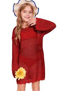 Girls Crochet Long Sleeve Swimsuit Cover Up Kids Fashion Hollow Out Swimwear Beach Dress 5-14 Years - 紅色 - 查看 3