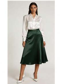 Women's Satin Midi Skirt - Maxma 7108 - 軍綠色 - 查看 4