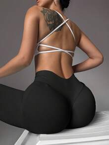 女士高腰无缝运动紧身裤，提臀收腹，无褶皱紧身瑜伽裤，黑色春季款 - 黑色 - 查看 4