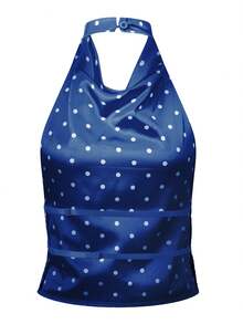 Women Y2k Polka Dots Halter Tank Crop Tops Cute High Mock Neck Backless Cami Open Back Backless Vests Summer Bar Party Beach Vests Rave Outfit - 藍色 - 查看 7