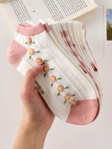 5 Pairs Women's Pink Floral & Diamond Pattern Cute Sailor Socks, Suitable For Home Wear All Seasons - Multicolor - View 5