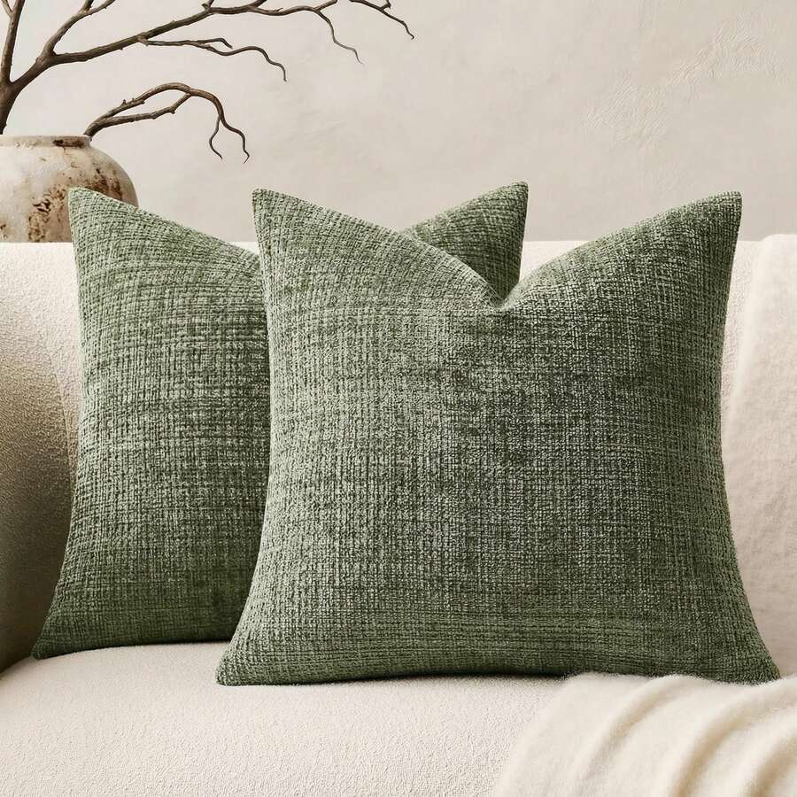 1pc Olive Color Soft Texture Throw Pillow Cover (Inner Pillow Not Included), Size 18x18 Inches, Cream Color, Soft Chenille Fabric Decorative Neutral Beige Cushion Cover Suitable For Sofa, Bed, Living Room, Bedroom, Farmhouse, Boho Home Decor - Army Green - View 1
