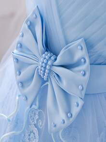 Young Girls Solid Color Beaded Bow Embroidery Mesh Party Dress, Headband Not Included - Baby Blue - View 8