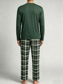 Men's Plaid Print Crew Neck Pullover Top & Pants Pajama Set, Lightweight, Casual & Comfortable, Spring/Autumn, Winter Clothes - Green - View 5