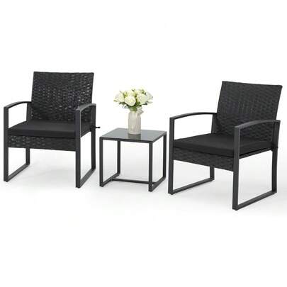 3 Pieces Patio Furniture Set, Outdoor Rattan Bistro Set With Coffee Table, Durable Steel Frame With Strapped Cushions For Garden, Balcony, Poolside, Backyard