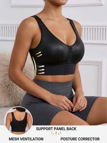 1pc Spring/Summer Waist Cinching Front Button Camisole With Built-In Cup Pad, Casual Layering Undershirt - Black - View 2