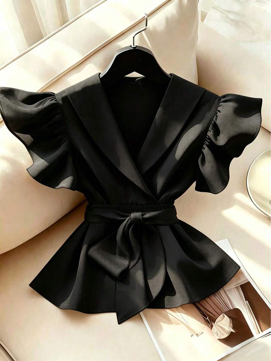 Áo sơ mi cổ chữ V màu trơn thanh lịch, tay bồng, thắt eo, kèm thắt lưng cùng màu, màu đen, thích hợp cho mùa hè. - màu đen - Xem 1