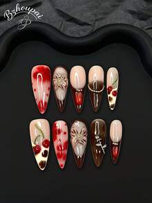 10pcs Elevate Your Style With Long Handmade Acrylic Press On Nails Featuring Dimensional Cherry Sculptures, Alloy Rhinestone Accents, And Hand-Painted Designs-Ideal For Feminine, Bold, And Eye-Catching Nails. - 粉色 - 查看 1