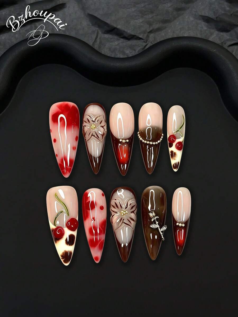 10pcs Elevate Your Style With Long Handmade Acrylic Press On Nails Featuring Dimensional Cherry Sculptures, Alloy Rhinestone Accents, And Hand-Painted Designs-Ideal For Feminine, Bold, And Eye-Catching Nails. - 粉色 - 查看 1