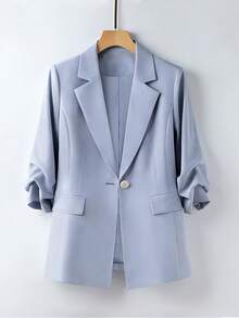 女士春夏休闲通勤褶裥七分袖宽松单排扣西装外套及阔腿裤套装 - 霧霾藍 - 查看 5
