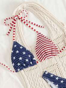 Swim Mod 2pcs/Set Women's Beach Summer Vacation USA Flag Print Halter Backless Top And Side Strap Swim Bottom 4th Of July Bikini Set - Multicolor 3 - View 6