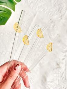 1/2/4 pièces Pailles en verre réutilisables transparentes incurvées avec tranches de citron jaune de dessin animé, brosse de nettoyage et embout de paille pour thé au lait, soda, eau pétillante, smoothies, maison, café, fête d'été, Pâques, fête des pères, cadeau pour amis et amoureux - Style 3 - Voir 8