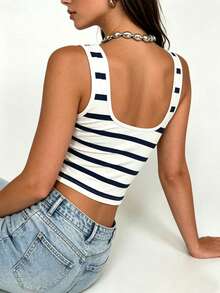 Áo tank top kẻ sọc trắng xanh kiểu preppy dành cho nữ, dây đeo rộng, chất liệu vải dệt kim, họa tiết mỏ neo, phù hợp cho mùa hè. - Nhiều màu - Xem 2