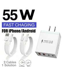 55W 超快四口充电器 – 2 个 USB-A 接口 + 2 个 USB-C 接口，可选配 100 厘米（3.3 英尺）长的连接线，包括 USB-C 转 Lightning 和 USB-A 转 USB-C 两种规格。多种连接线可选，完全兼容 17/16/15/14/13/12 系列以及三星 Galaxy S25/S24/S23/S22 系列。非常适合居家、办公和旅行使用。 - 美規A型插(110-127V) - 查看 12