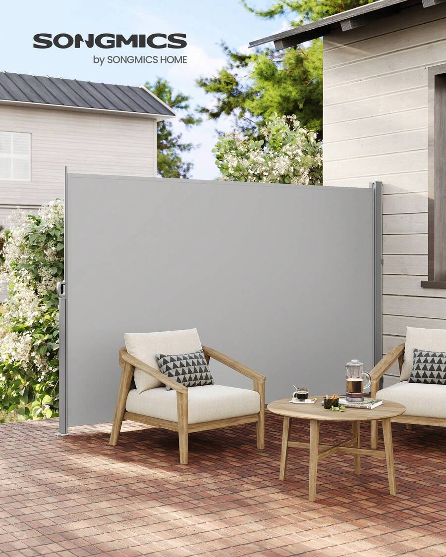 Tenda laterale con cassonetto in acciaio, antiruggine, estensibile, 200 x 350 cm, frangivento, parasole, opaca, tenda laterale per balcone, terrazzo, giardino - Grigio - Visualizzare 1