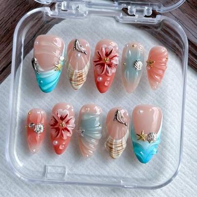 10 piezas de pegatinas de uñas con forma de almendra hechas a mano, con tema oceánico, estilo Y2K, relieve 3D de conchas, tallado floral, degradado de color, adecuado para niñas y mujeres para decoración diaria, de playa y de viaje, incluye gel de gelatina y lima de uñas