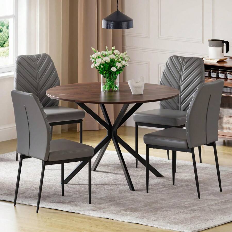 Dining Table And Chairs Set 4, High Back Black PU Chairs With Foldable 100 Cm Round Wooden Table For Dining Room, Kitchen