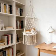 1 chiếc võng treo cho mèo bằng macrame, kiểu Bohemian, giường treo cho mèo, cây leo cho mèo kiểu công chúa, võng đu cho mèo làm thủ công bằng sợi dệt, phù hợp cho mọi mùa - Không bao gồm đệm. - Màu be - Xem 4