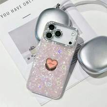 Funda de teléfono con forma de corazón con purpurina, soporte de anillo con forma de corazón, marco de cámara con rhinestones, carcasa transparente con arcoíris, cubierta protectora ultra delgada y resistente a los arañazos, adecuada para iPhone 17 Pro Max/17 Pro/Air/17/16/15/14/13/12 Series - Rosa - Ver 4