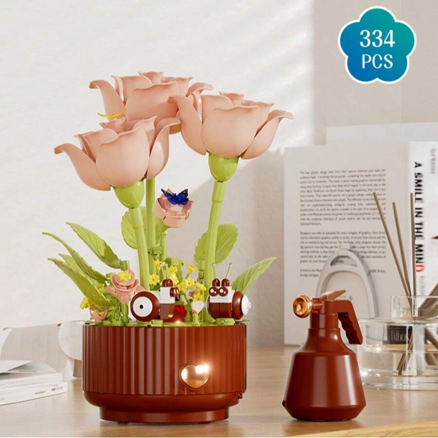 334pcs Pink Tulip Building Blocks Flower Pot, 14+ Adult Collectible Decor, Creative DIY Assembly Building Block Set, Suitable For Home Office Desk Decoration, Unique Gift For Teens And Adults