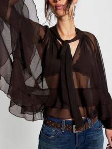 Y2K Gothic Sheer Chiffon Blouse, Tiered Ruffle Flare Long Sleeve Tie Neck Crop Top, Dark Feminine Summer Tops for Women Going Out Festival - marrón rojizo - Ver 1