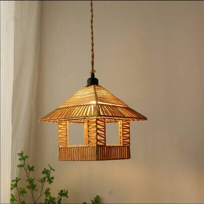 1pc Bohemian Style Paper Rope Handmade Woven Moon-Shaped Metal Lampshade, Diameter 15.74 Inches, Retro Style Lampshade, Chandelier Accessory (Does Not Include Bulb, Lamp Holder, Or Hanging Wire), Silent Vintage Chandelier Lampshade, Easy To Install, Suitable For Cafes, Bars, Restaurants, Indoor Spaces