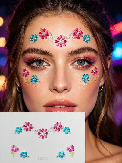 1 Set Colorblock Floral Heart Face Jewel Stickers, Fuchsia Heart Flower + Turquoise Clover Design, Waterproof Long-Lasting Bindi Stickers For Music Festivals And Party Makeup
