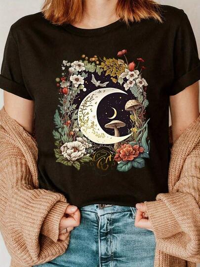 Oversized 100% Cotton Minimalist Letter Print Graphic TeeWomen's Vintage Street Style Uni Goblin Dark Country Style T-Shirt - Fantasy Mushroom And Floral Crescent Print, Lightweight 180g Short-Sleeved Round-Neck Casual Top, Suitable For Summer And Spring, 100% Cotton Summer TopWomen's Casual Tee Suitable For Daily Spring And Summer Wear