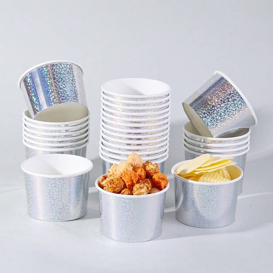 10个/20个/60个装,奢华银色全息一次性冰淇淋杯,金属银色闪光一次性零食杯,甜点杯/零食盒,适用于冷冻酸奶、爆米花、圣代冰淇淋吧,生日庆祝零食供应用品,婚礼庆典 - 銀色 - 查看 1