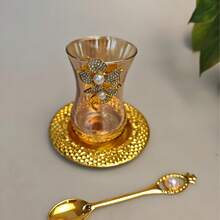 1pc Gold Color Diamond Studded Creative Coffee Cup, Heat-Resistant Tea Color Diamond Pearl Glass Latte Cup, Gold Dried Fruit & Sweet Dessert Storage Butterfly, Pearl Coffee Stirring Spoon - Gold - View 10