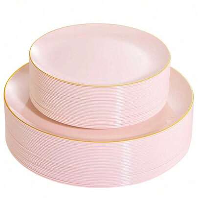 50/25/10/1 pièce Set de vaisselle rose avec bordure dorée, plateau alimentaire, assiette à salade de fruits, assiette à dîner, assiette, vaisselle à salade réutilisable, facile à nettoyer, convient pour la décoration de mariage, la fête des mères, la fête des pères, l'anniversaire, les rassemblements familiaux, les activités d'équipe en plein air, l'école, les fournitures de restaurant et de cuisine, plateau