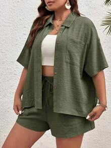 Women's Plus Size Green Woven Fabric 2-Piece Set, Short Sleeve Polo Collar Button Shirt Paired With Drawstring Shorts, Summer Casual Outfit Elegant - Dark Green - View 12