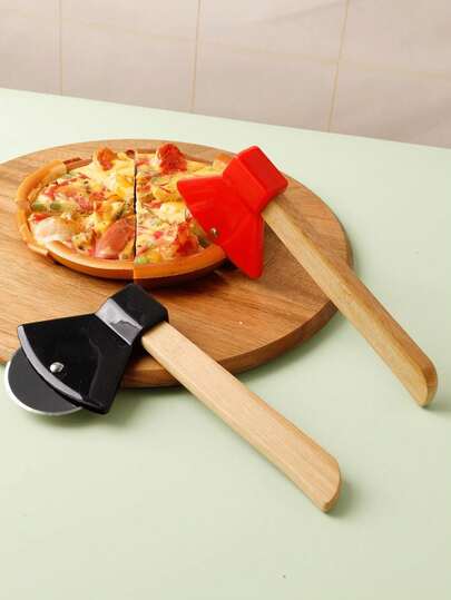1pc Stainless Steel Axe Shaped Pizza Cutter With Bamboo And Wood Handle, Creative Round Pie Knife