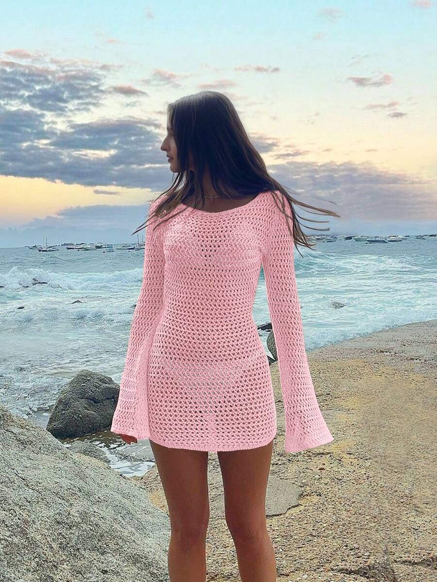 Women's Solid Color Sexy Hollow-Out Backless Sheer Beach Vacation Knit Long Sleeve Cover-Up Mini Dress, Spring/Summer