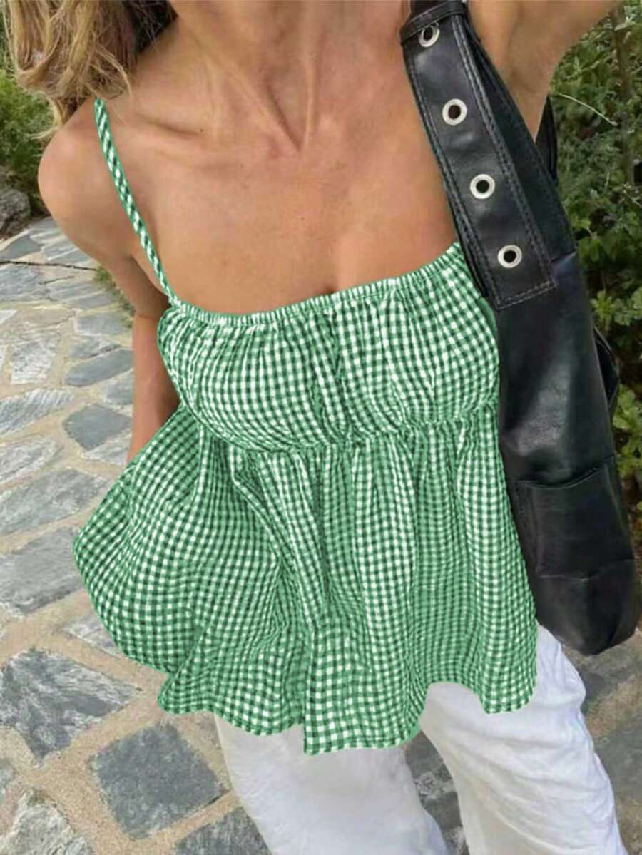 Top de tirantes con volantes y textura de burbujas a cuadros minimalista para mujer, conjunto de estilo de vacaciones para el verano, blusas de primavera - Verde Oliva - Ver 1