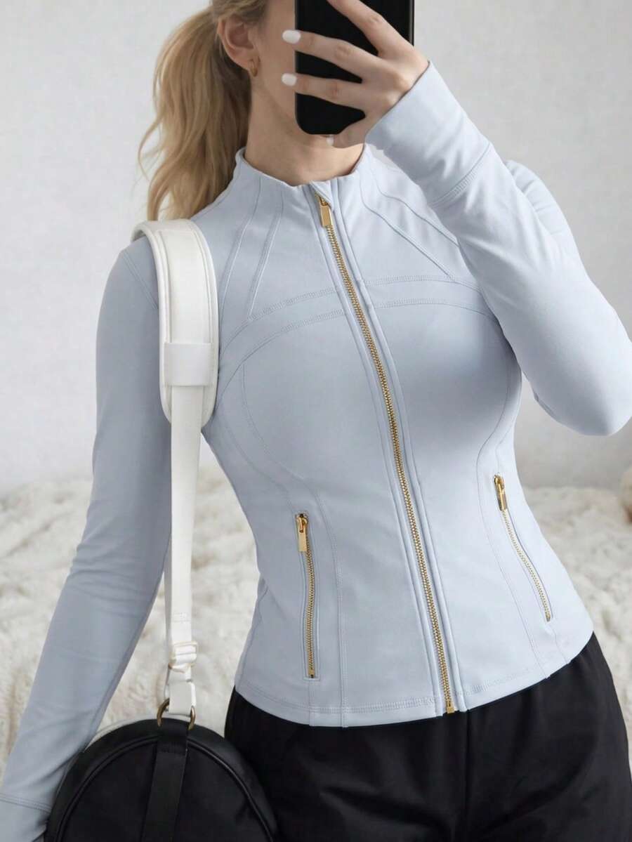 Women's Slim Fit Workout Jacket Zip-Up 4-Way Stretch Thumb Hole Multi Pocket Athletic Activewear Top - Tinh bột xanh/vàng - Xem 1