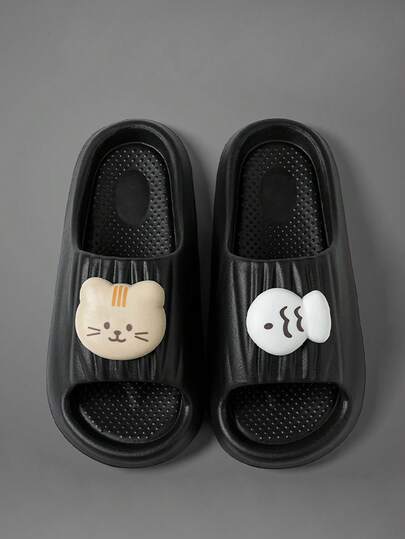 Cute Cat & Fish Cloud Slippers For Women, Soft Non-Slip Indoor Slide Sandals, Cozy Home Shoes