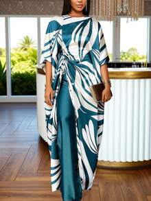 AOMEI Women's Elegant Noble African Traditional Print Loose Dress With Drawstring High Waist Pants 2 Pieces Set Summer Formal Occasion New Fashion - Dusty Blue - View 5