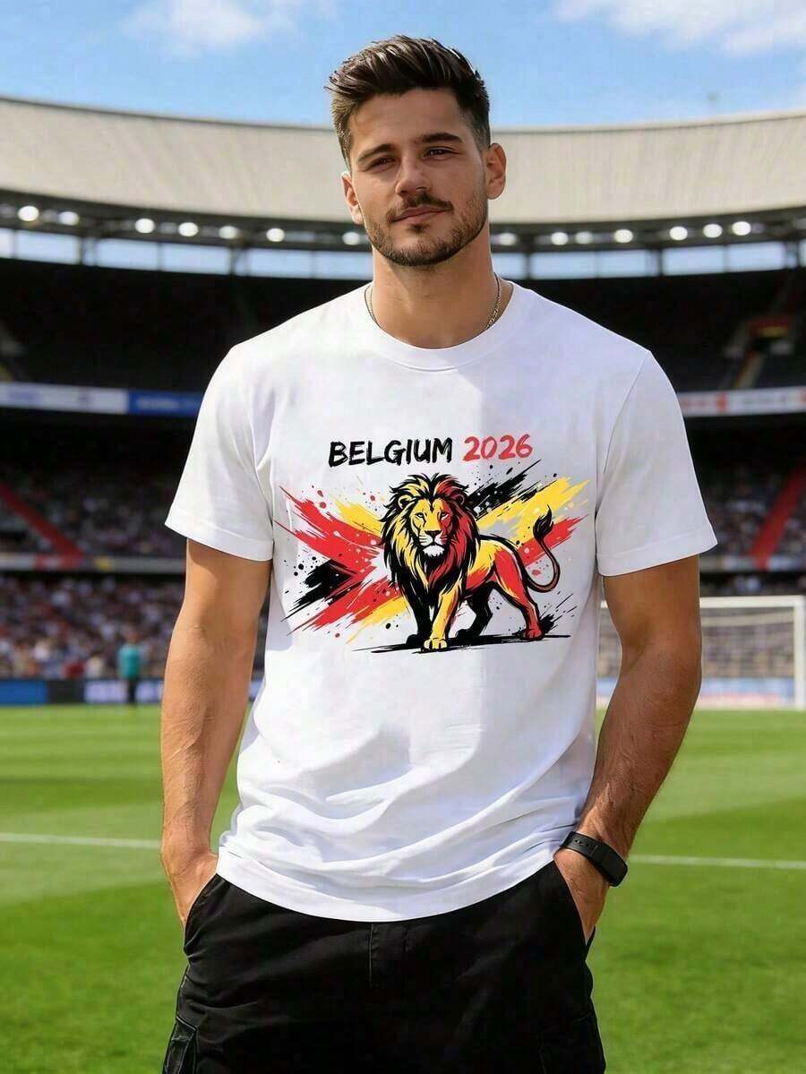 Camiseta de Hombre de la Selección Belga para la Copa Mundial 2026 con el del León Nacional para Aficionados al Fútbol, Verano - Blanco - Ver 1