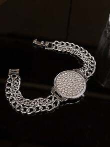 1pc Rhinestone Watch Face Bracelets For Women Shiny Crystal Gold Plated Bracelet Party Jewelry Gift Luxury High Quality - Silver - View 5