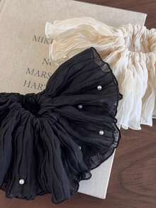 1pc Ethereal Mesh Ruffle Pearl Oversized Hair Scrunchie, Elegant Korean Style Hair Accessory,Travel,Party - Multicolor - View 2