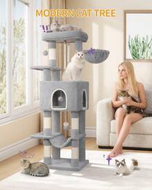 HEXCELEN 162CM Cat Tree For Indoor Cats, Cat Tower With Large Hiding Cave, Scratching Post With Large Platforms, Multi-Level Cats Activity Center, Sisal Rope, Hammock - Light Grey - View 1