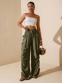 Women's Solid Color Side Ruched Drawstring Pocket Pants - Olive Green - View 3
