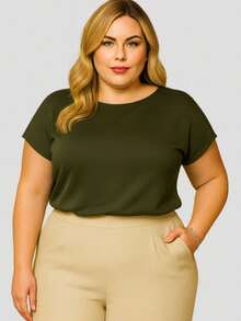 PLUS SIZE PLAIN BLOUSE CASUAL MODERN BASIC CURRENT CONTEMPORARY VISCOLYCRA DAILY WORK - Army Green - View 7