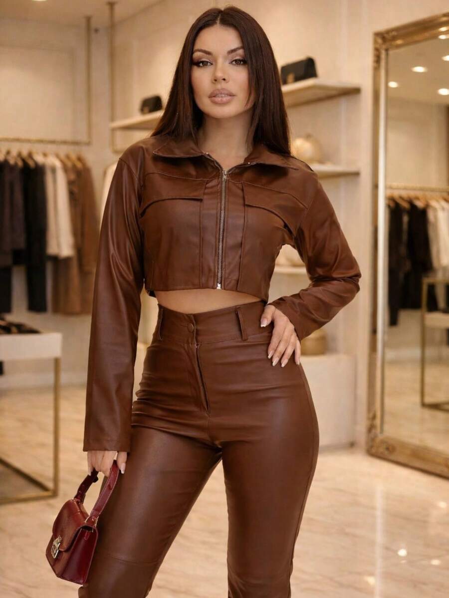 Women's Leather Set: Cropped Jacket, High-Waisted Pants With Zipper - Rust Brown - View 1
