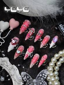 10pcs Press On Nails Stiletto Pink,White French Tips,Pink Heart Nail Gems,Bowknot,Butterfly,Gold Flora,Baddie Girls Full Coverage Acrylic Press On Nails Y2K Set,Rock Nail Art For Women And Girls,Nail Supplies For Festivals,Daily,Party,Wedding - Pink - View 2