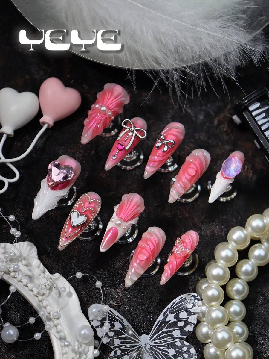 10pcs Press On Nails Stiletto Pink,White French Tips,Pink Heart Nail Gems,Bowknot,Butterfly,Gold Flora,Baddie Girls Full Coverage Acrylic Press On Nails Y2K Set,Rock Nail Art For Women And Girls,Nail Supplies For Festivals,Daily,Party,Wedding